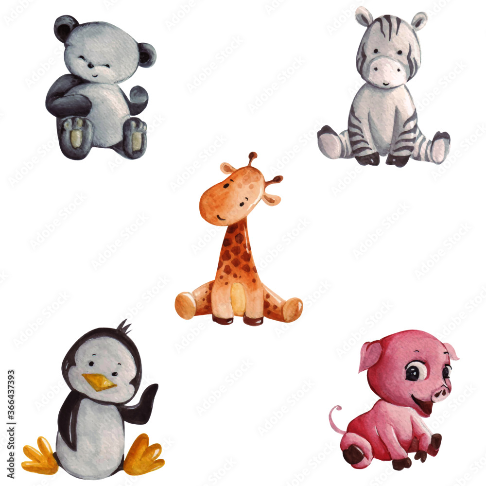 Obraz premium Vector inspiration of some cute and adorable baby animals sitting happily in watercolor artwork.