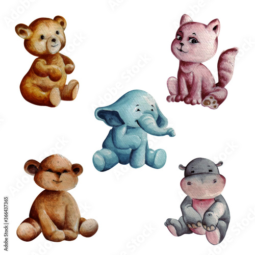 Vector of some cute and adorable little animals in watercolor artwork is sitting and smiling happily.