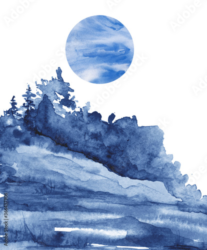 Watercolor group of trees - blue fir, pine, cedar, fir-tree. Forest on the slope, cliff, grief. Blue forest, landscape, fog forest landscape, slope, mountain. Full moon, eclipse. Isolated drawing © helgafo