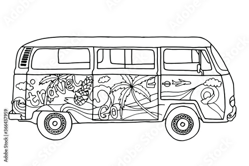 Bus for travel coloring page. Hand-drawn coloring book for children and adults. Beautiful drawings with patterns and small details. See more coloring pages in the collections. Vector