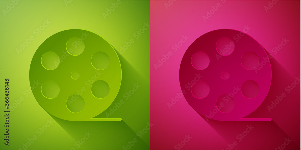 Paper cut Film reel icon isolated on green and pink background. Paper art style. Vector Illustration. Paper cut Film reel icon isolated on green and pink background. Paper art style. Vector Illustration.