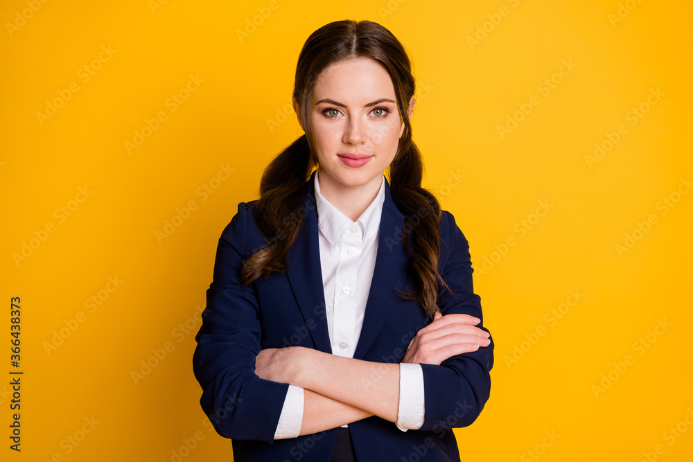 Portrait of serious charming high school girl cross hands ready study news knowledge materials wear good look dark blue uniform isolated over vivid color background Portrait of serious charming high school girl cross hands ready study news knowledge materials wear good look dark blue uniform isolated over vivid color background