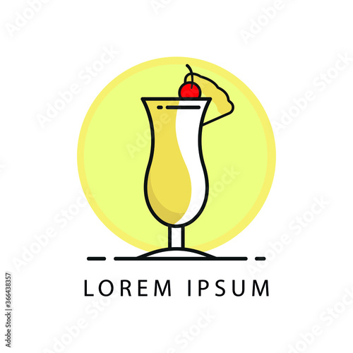 Vector Cartoon Illustration - Glass of Pina Colada with Drinking Straw, Cocktail Umbrella and Pineapple