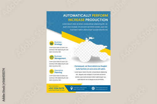 cover design of a modern business brochure layout or flyer design, poster, magazine, annual report, book, booklet with blue and yellow diagonal arrow. space for photo collage with transparency blue. 
