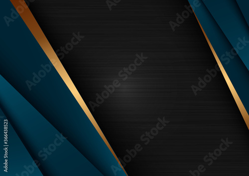 Abstract template dark blue luxury premium on black background with geometric triangles pattern and golden striped lines.