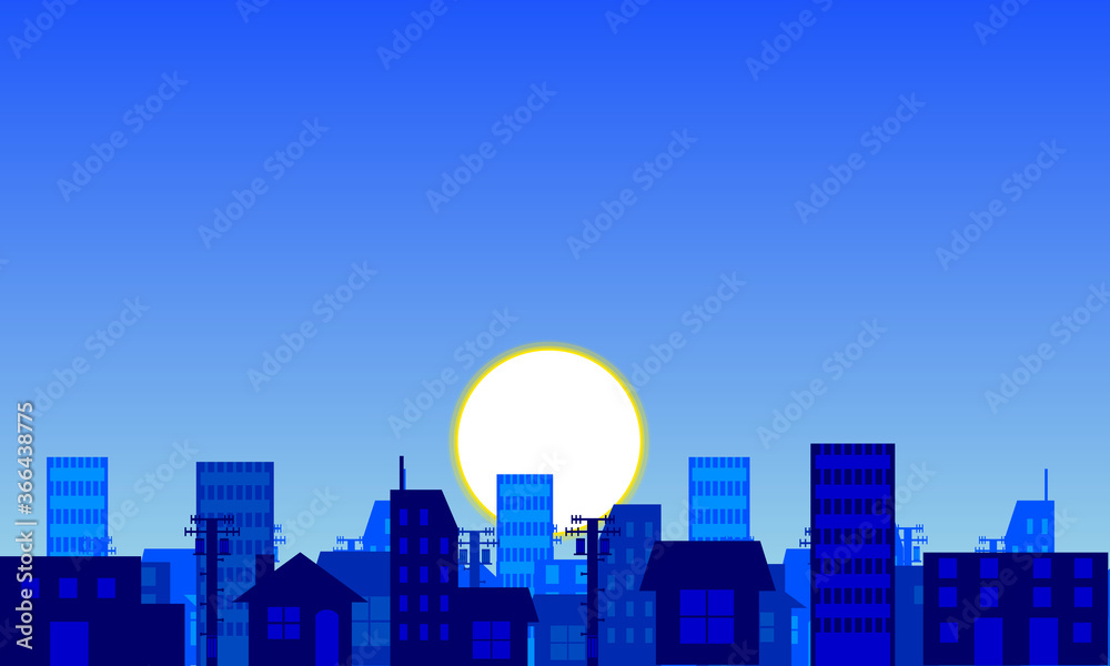 シンプルでアニメ風なベクターの街なかの背景イラスト 早朝版 早朝 夕焼け お昼 夜景 深夜バージョンの 時間帯が違う５点を販売しております ベクター版は 太陽 月 星の位置や 手前 中 奥のビルの有無など ご購入者様で操作しやすいように意識して制作して