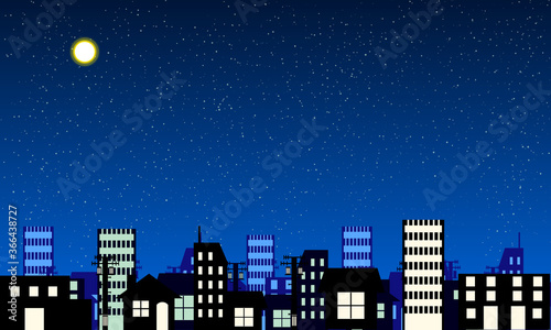 シンプルでアニメ風なベクターの街なかの背景イラスト 夜版夜景（早朝・夕焼け・お昼・夜景・深夜バージョンの、時間帯が違う５点を販売しております。
ベクター版は、太陽・月・星の位置や、手前・中・奥のビルの有無など、ご購入者様で操作しやすいように意識して制作しております。）