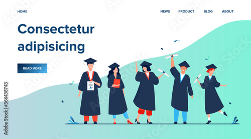 Happy diverse students celebrating graduation from school or colleges, holding diplomas and certificates. Flat vector illustration for education, university party, academic success concept