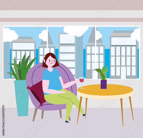 social distancing restaurant or a cafe, alone woman with glass wine at table, covid 19 coronavirus, new normal life