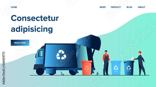 Garbage collector cleaning waste bin flat vector illustration. Cartoon man putting rubbish for recycling. Service and disposal industry concept.