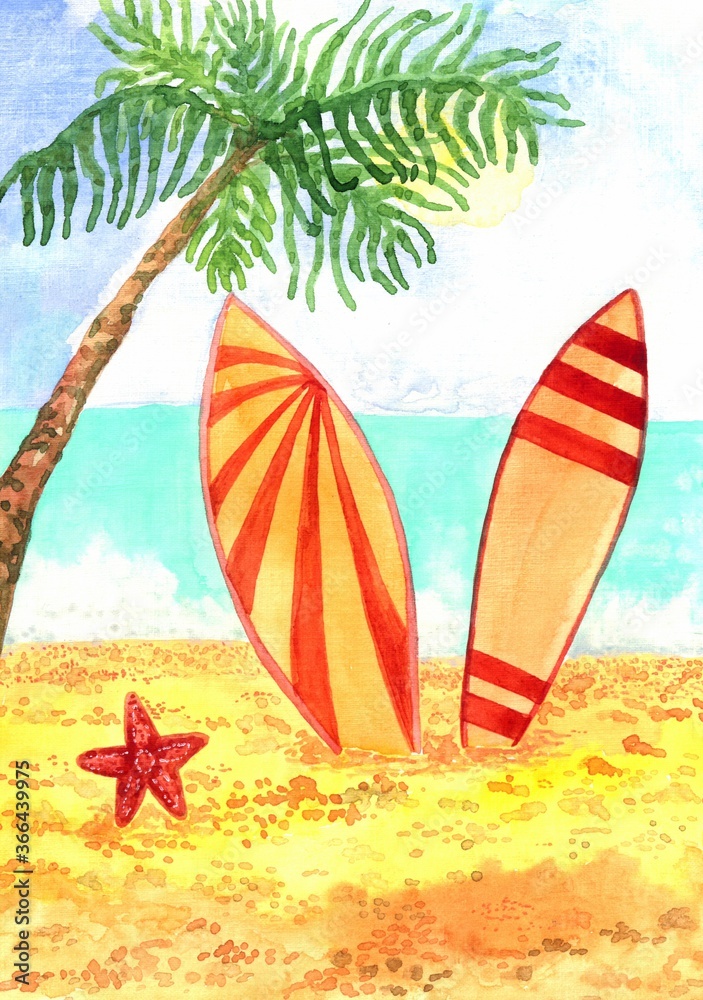 watercolor illustration of two yellow and red surfboards on the beach sand next to starfish and palm tree on the background of sea or ocean and blue sky. Template for summer beach holidays