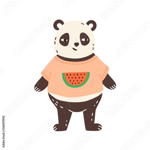 Childish character, funny panda portrait in t shirt, watermelon print. Cute bear, teddy hugs, animal toy. Hand drawn, decorative, decoration element. Flat vector cartoon illustration isolated on white