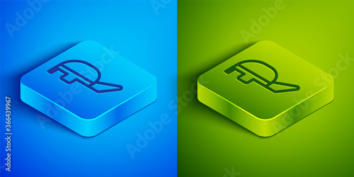 Isometric line Fencing helmet mask icon isolated on blue and green background. Traditional sport defense. Square button. Vector Illustration.