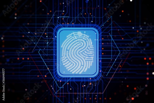 Virtual creative fingerprint hologram on dark background, protection of personal information concept. 3D Rendering