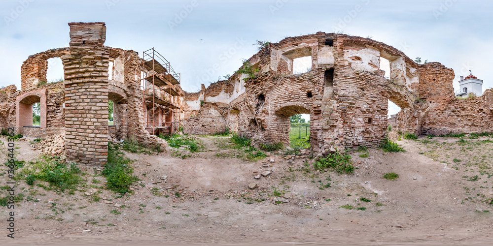 seamless spherical hdri panorama 360 degrees angle view near wall of ruined castle equirectangular projection with zenith and nadir, ready for  VR virtual reality content
