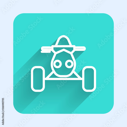 White line All Terrain Vehicle or ATV motorcycle icon isolated with long shadow. Quad bike. Extreme sport. Green square button. Vector Illustration.