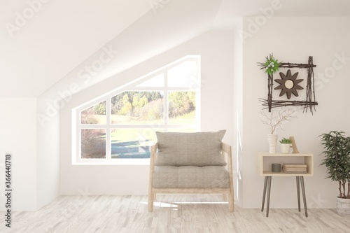 White living room with armchair. Scandinavian interior design. 3D illustration © AntonSh