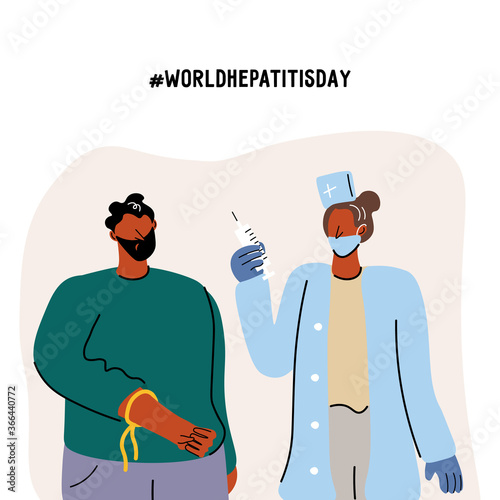 World Hepatitis Day. A young man checks his health and takes a blood test for hepatitis. Nurse with a syringe. Nice vector flat illustration in cartoon style with hashtag from WHO. 