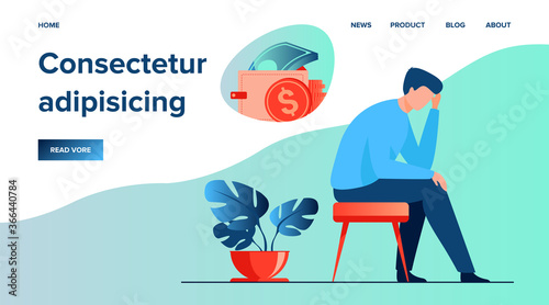 Depressed sad man thinking over financial problems and debts. Businessman broke, needing money, having unpaid loan. Vector illustration for bankruptcy, loss, crisis, trouble concept