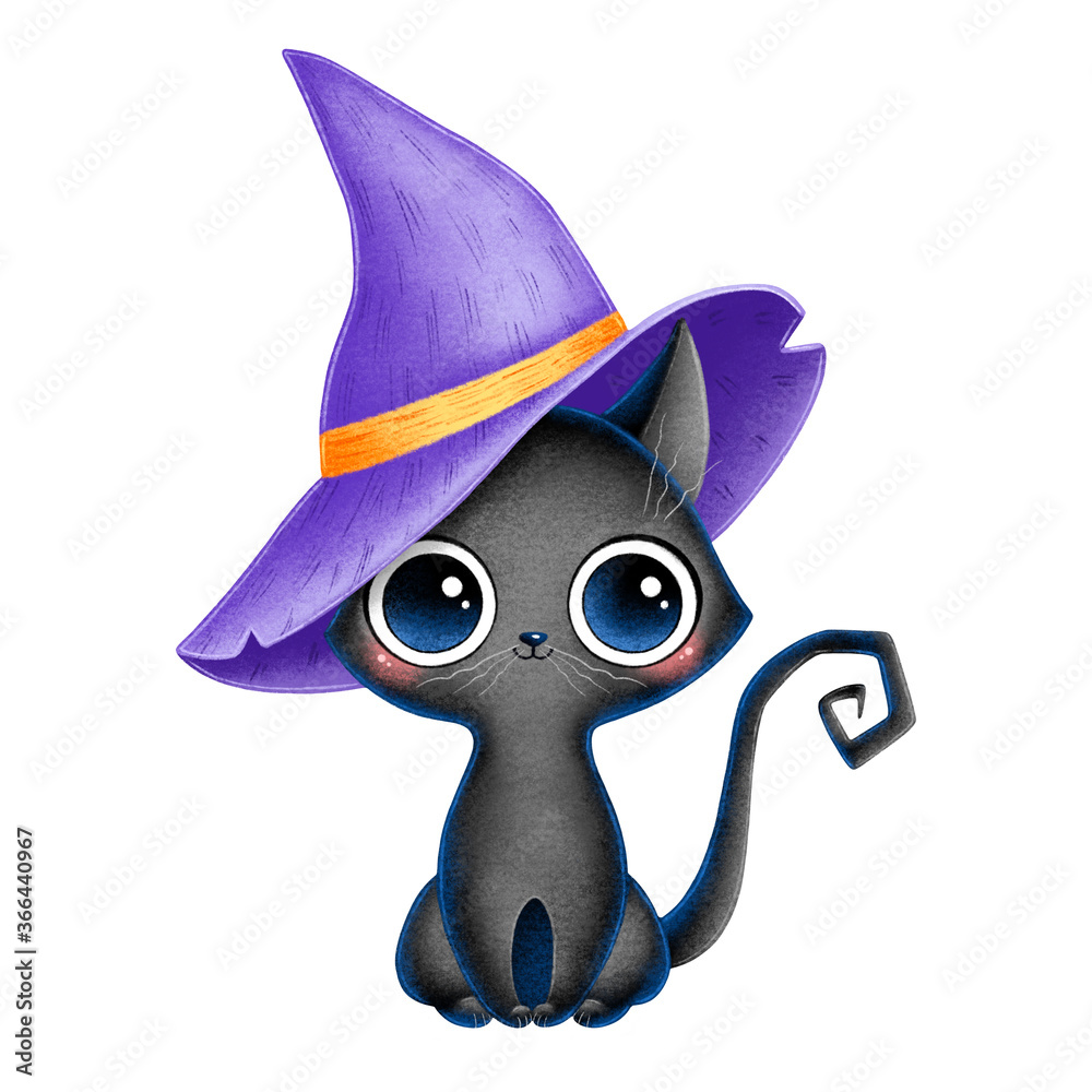 Illustration of cute cartoon black witch cat with purple wizard hat  isolated on white background Stock Illustration | Adobe Stock