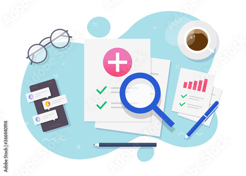Medical healthcare research patient report workplace or health care insurance check list table vector flat cartoon design, medicare document on office desk top view, diagnose test analyze modern image