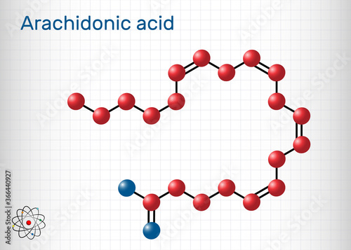 Arachidonic acid, AA, ARA molecule. It is unsaturated omega-6 fatty acid, is precursor in biosynthesis of prostaglandins, thromboxanes, leukotrienes. Sheet of paper in a cage