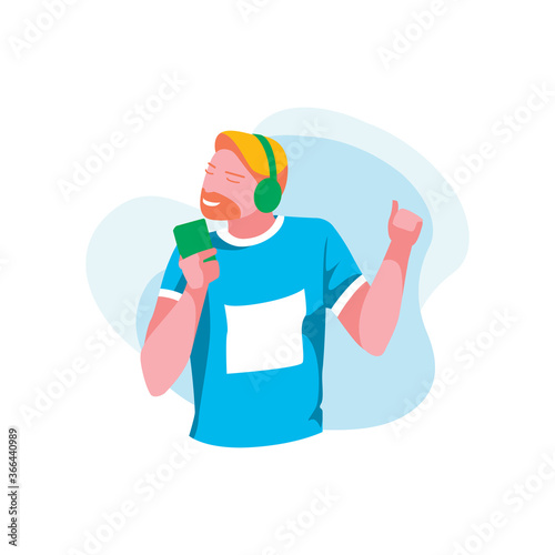 Young man listening music with headphones. Joyful bearded guy wearing fashionable clothes listen to music and dancing flat vector illustration isolated on white background