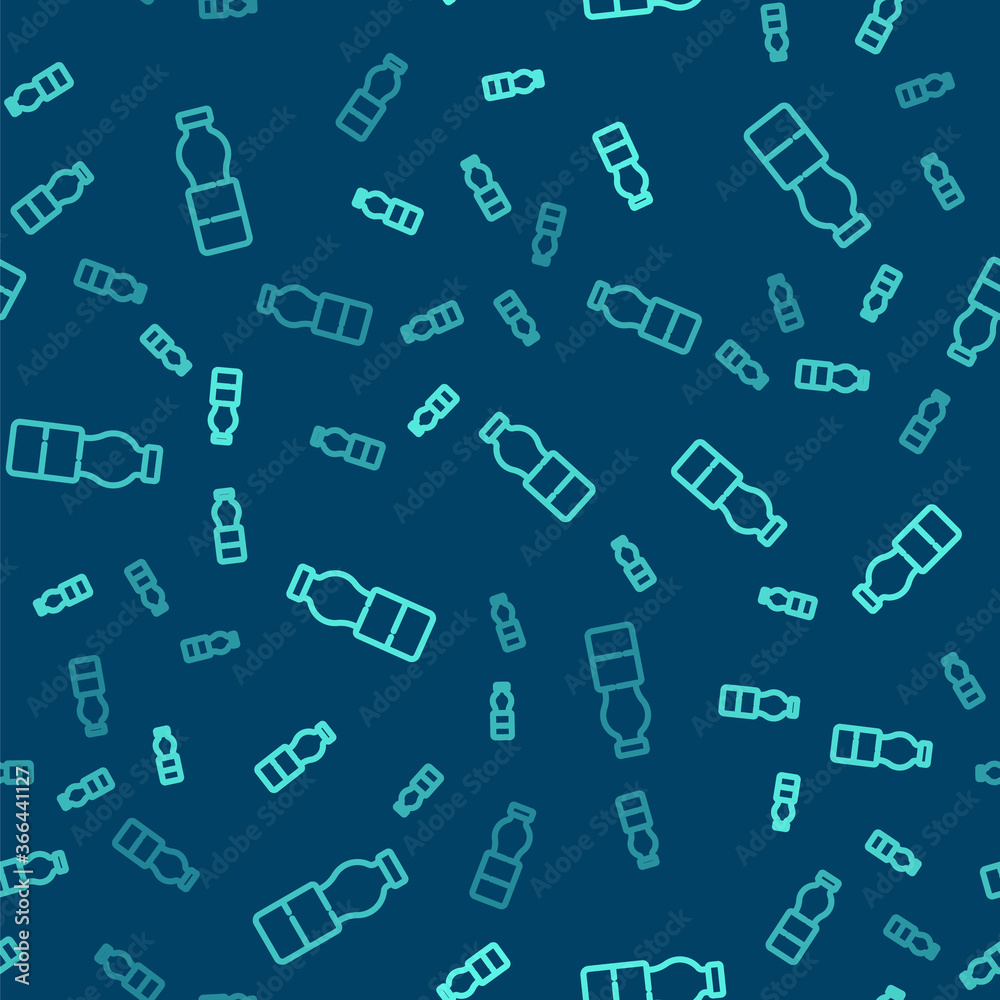 Green line Bottle of water icon isolated seamless pattern on blue background. Soda aqua drink sign. Vector Illustration. Green line Bottle of water icon isolated seamless pattern on blue background. Soda aqua drink sign. Vector Illustration.