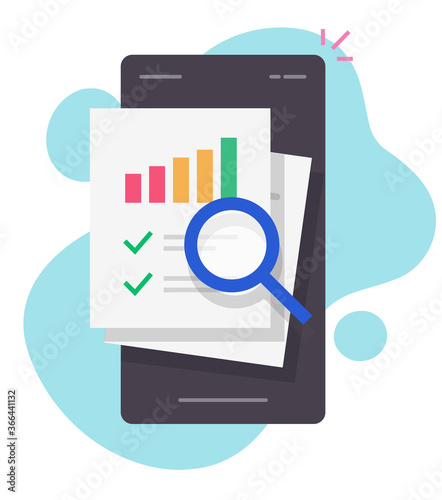 Research finance sales data audit on mobile phone report online or statistics info analysis on smartphone vector flat cartoon isolated, accounting concept, financial documents growth graphs icon