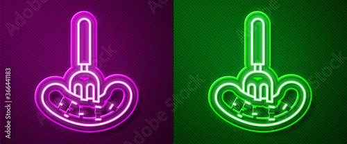 Glowing neon line Pickled cucumber on a fork icon isolated on purple and green background. Vector Illustration.