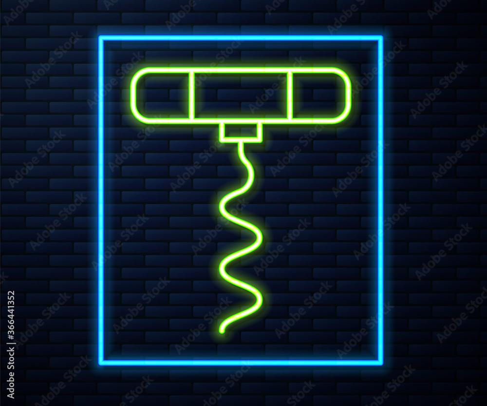 Glowing neon line Wine corkscrew icon isolated on brick wall background. Vector Illustration. Glowing neon line Wine corkscrew icon isolated on brick wall background. Vector Illustration.