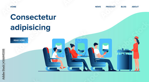 Air trip with comfort flat vector illustration. Passengers waiting for airline meal. People travelling by plane and sitting near airplane window. Airline, tourism and journey concept.
