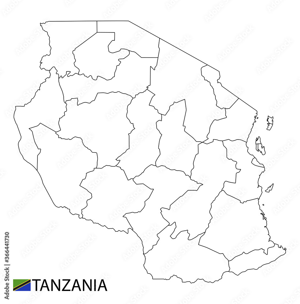 Tanzania map, black and white detailed outline regions of the country.