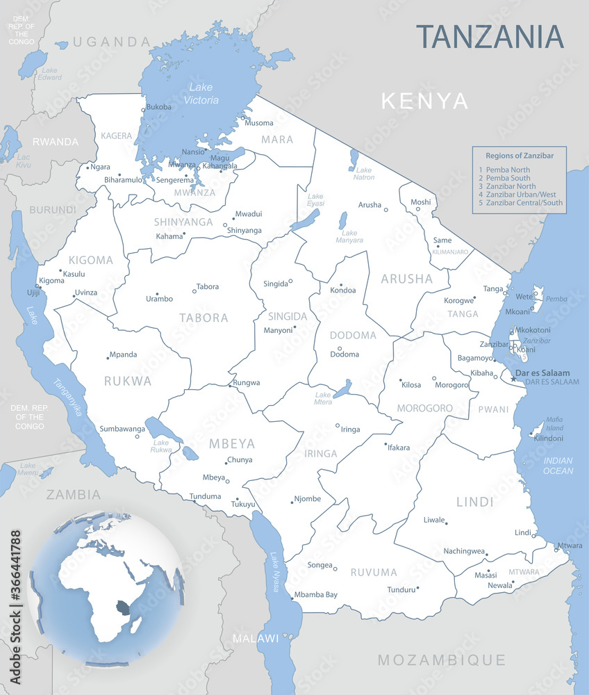 Fototapeta premium Niebiesko-szara szczegółowa mapa podziałów administracyjnych Tanzanii i lokalizacji na świecie.