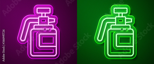 Glowing neon line Garden sprayer for water, fertilizer, chemicals icon isolated on purple and green background. Vector Illustration.