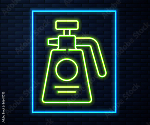 Glowing neon line Garden sprayer for water, fertilizer, chemicals icon isolated on brick wall background. Vector Illustration.