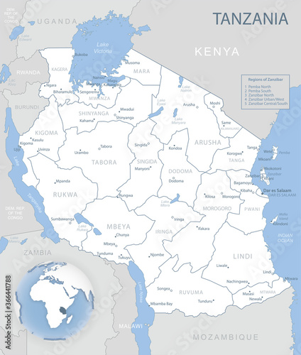 Fototapeta Naklejka Na Ścianę i Meble -  Blue-gray detailed map of Tanzania administrative divisions and location on the globe.