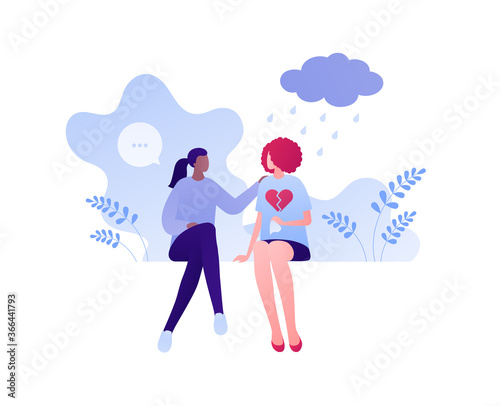Psychology, emotion and relationship psychotherapy concept. Vector flat person illustration. Woman support female patient sitting on sofa. Broken heart and depression symbol. Design for banner, web