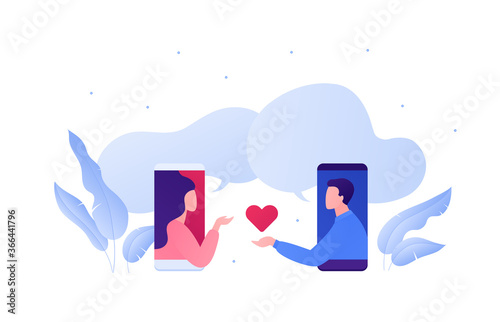 Dating online app and relatioship concept. Vector flat person illustration. Man holding and give heart shape as match symbol to woman on phone screen. Love emotion. Design element for banner, web.