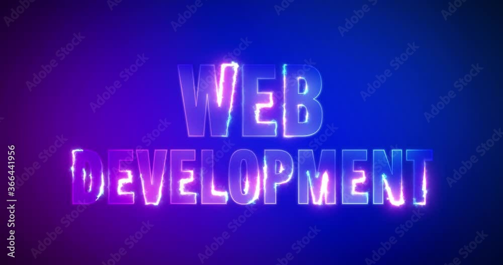 Web Development. Electric lightning words. Burning Logotype on purple blue background. High quality 4k footage