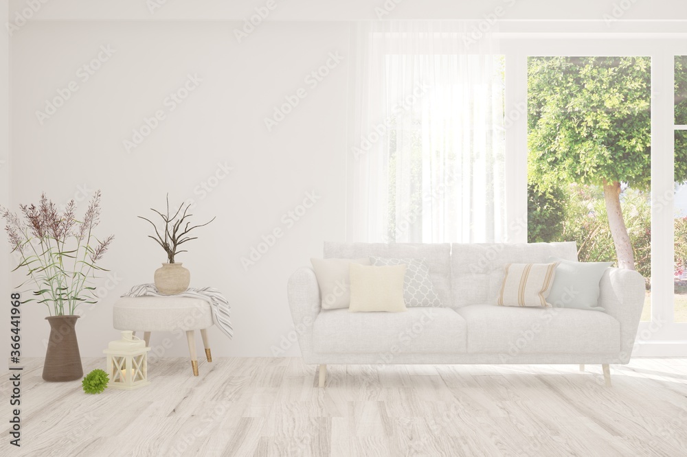White living room with sofa and summer landscape in window. Scandinavian interior design. 3D illustration White living room with sofa and summer landscape in window. Scandinavian interior design. 3D illustration
