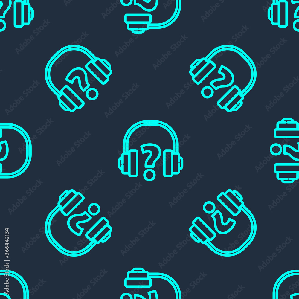 Green line Headphones icon isolated seamless pattern on blue background. Support customer service, hotline, call center, faq, maintenance. Vector Illustration.