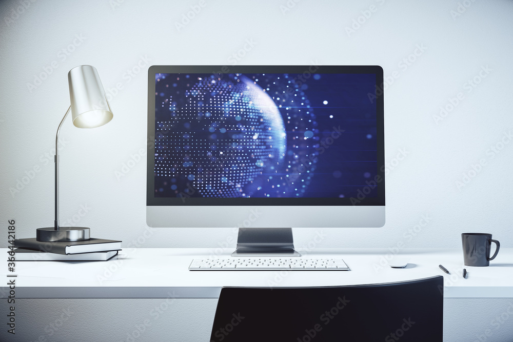 Abstract creative digital world map on modern laptop monitor, tourism and traveling concept. 3D Rendering Abstract creative digital world map on modern laptop monitor, tourism and traveling concept. 3D Rendering