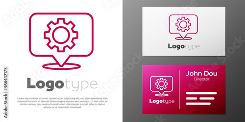 Logotype line Location with gear icon isolated on white background. Logo design template element. Vector Illustration.