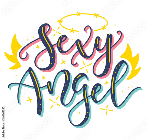 Sexy angel multicolored illustration with wings and halo - Colored vector lettering isolated on white background.