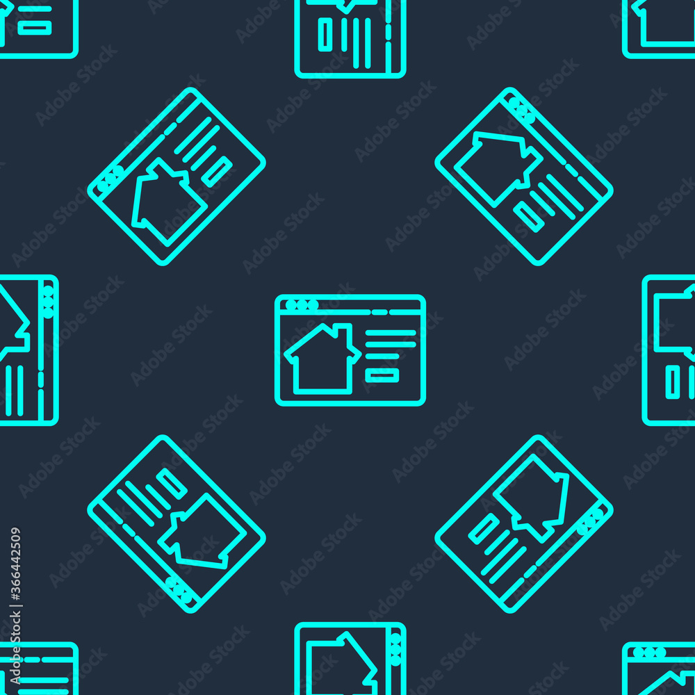 Green line Online real estate house in browser icon isolated seamless pattern on blue background. Home loan concept, rent, buy, buying a property. Vector Illustration. Green line Online real estate house in browser icon isolated seamless pattern on blue background. Home loan concept, rent, buy, buying a property. Vector Illustration.