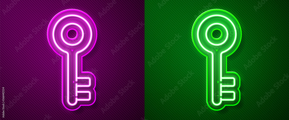 Glowing neon line House key icon isolated on purple and green background. Vector Illustration.