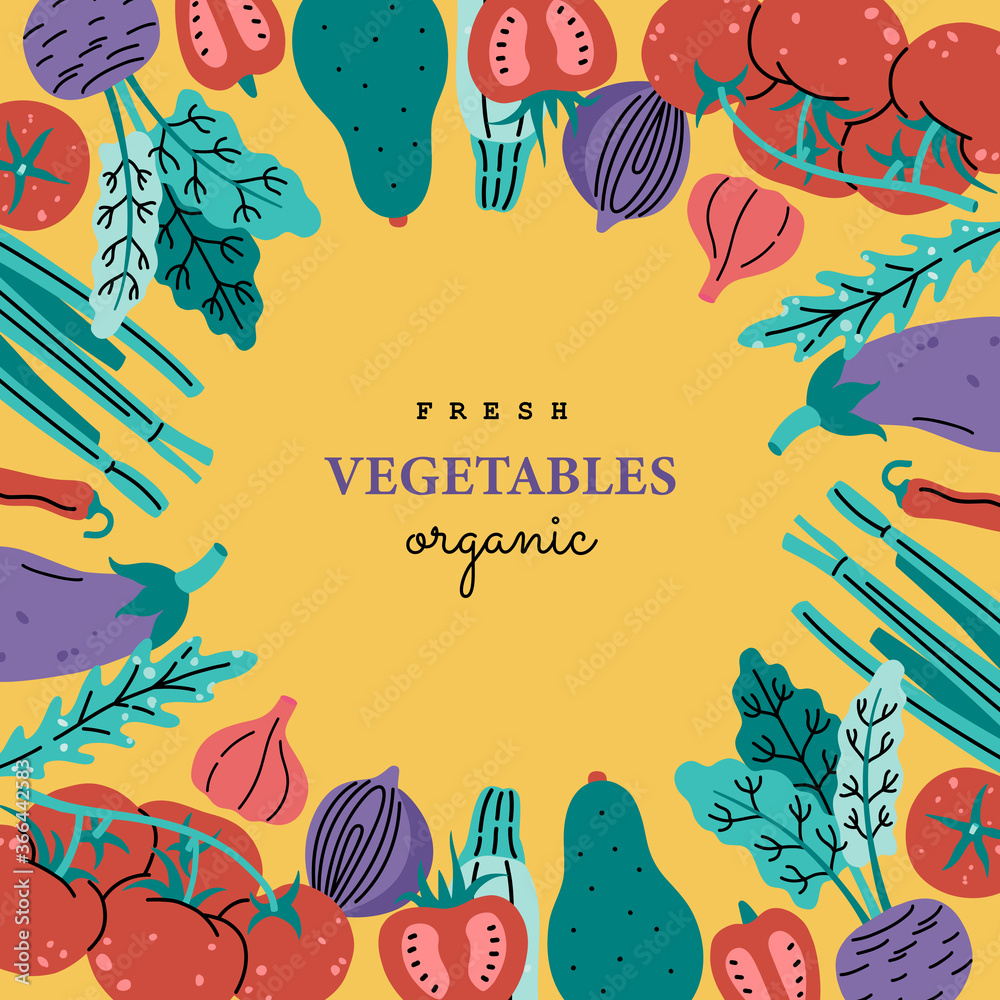 Fresh vegetables in frame, colorful postcard concept for posters, placards and banners. Hand drawn vector illustration in modern flat style, isolated on yellow background.