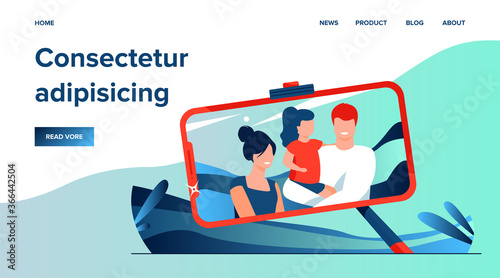 Family selfie photo on phone screen. Parents and kid using smartphone and monopod for taking self portrait outdoors. Vector illustration for leisure, camera, technology concept