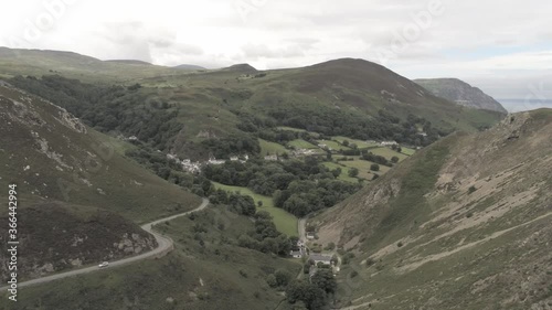 Capelulo Penmaenmawr Welsh mountain coastal valley aerial view north wales descending photo